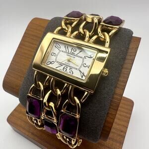 Versales Gold Tone Chain Bracelet Watch w Purple Stones Rectangle Dial